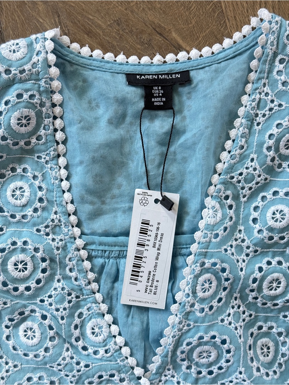 Karen Millen Broderie Cotton Wrap Mini Dress Light Blue Eyelet Dress - Picture 14 of 16